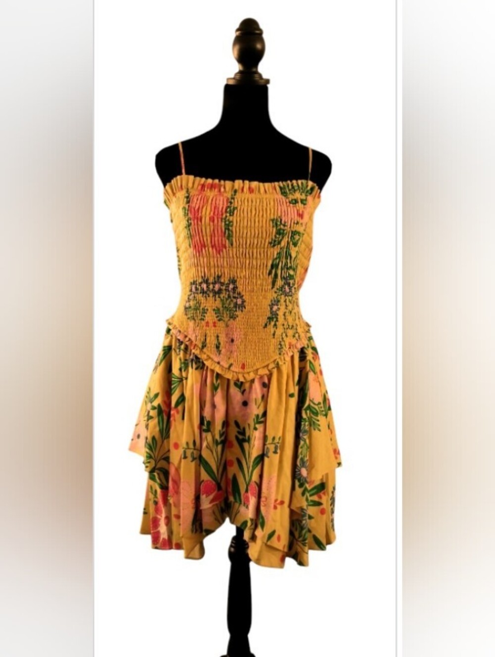Boho Tropical Island Mini Sundress Smocked Asymmetrical Hem Floral Large New